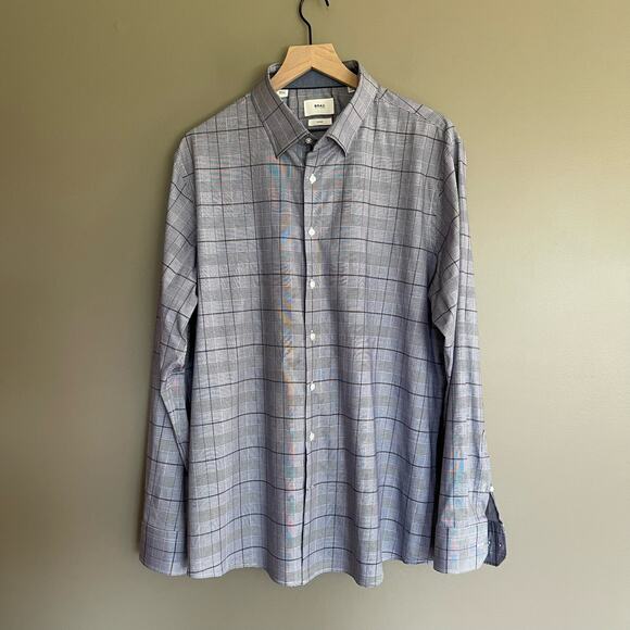 BRAX Derek Modern Fit Plaid Button Up Shirt In Navy Size XL Hi Flex Houndstooth - Picture 3 of 16